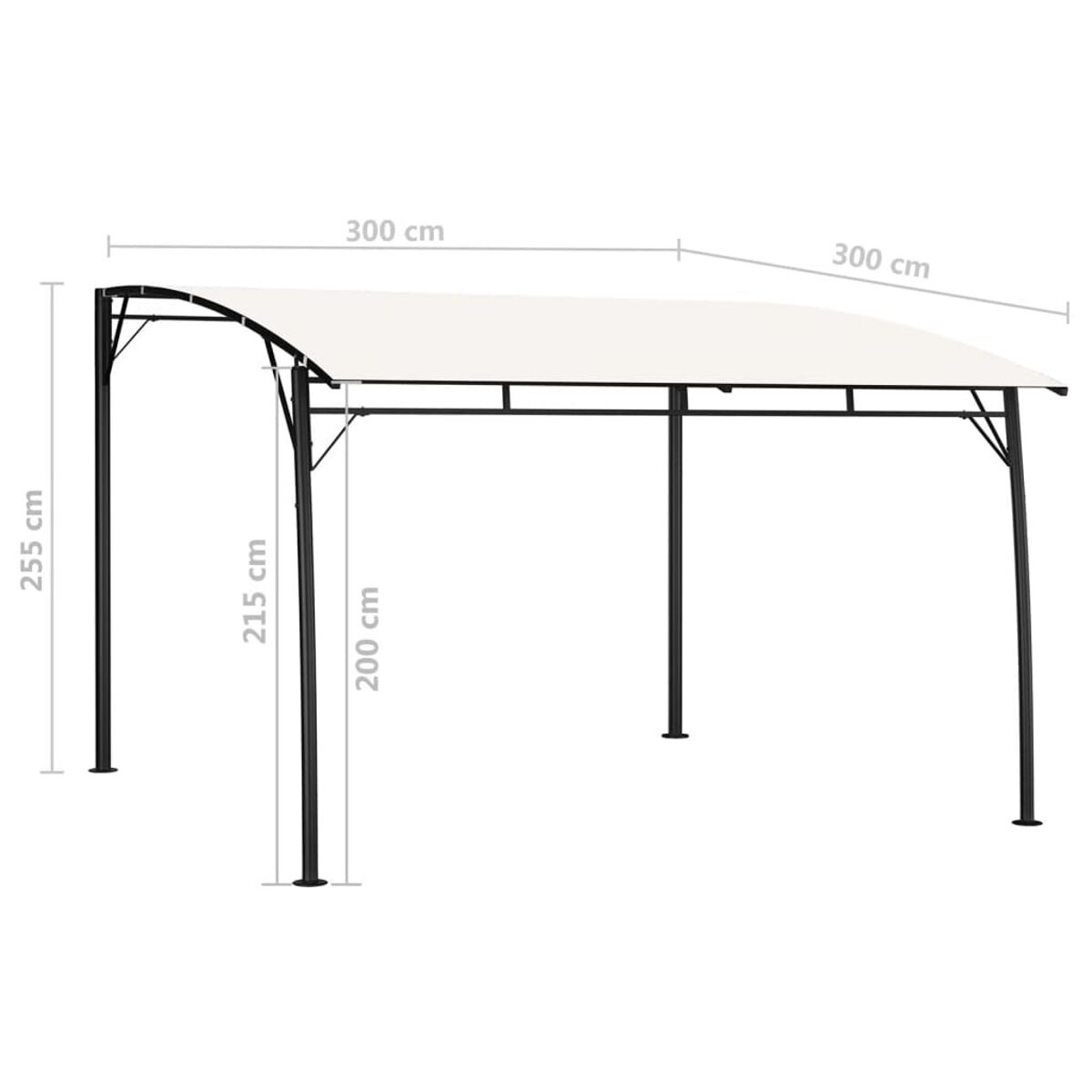 Eine weiße Pergola mit schwarzem Rahmen. Maße in cm angegeben.