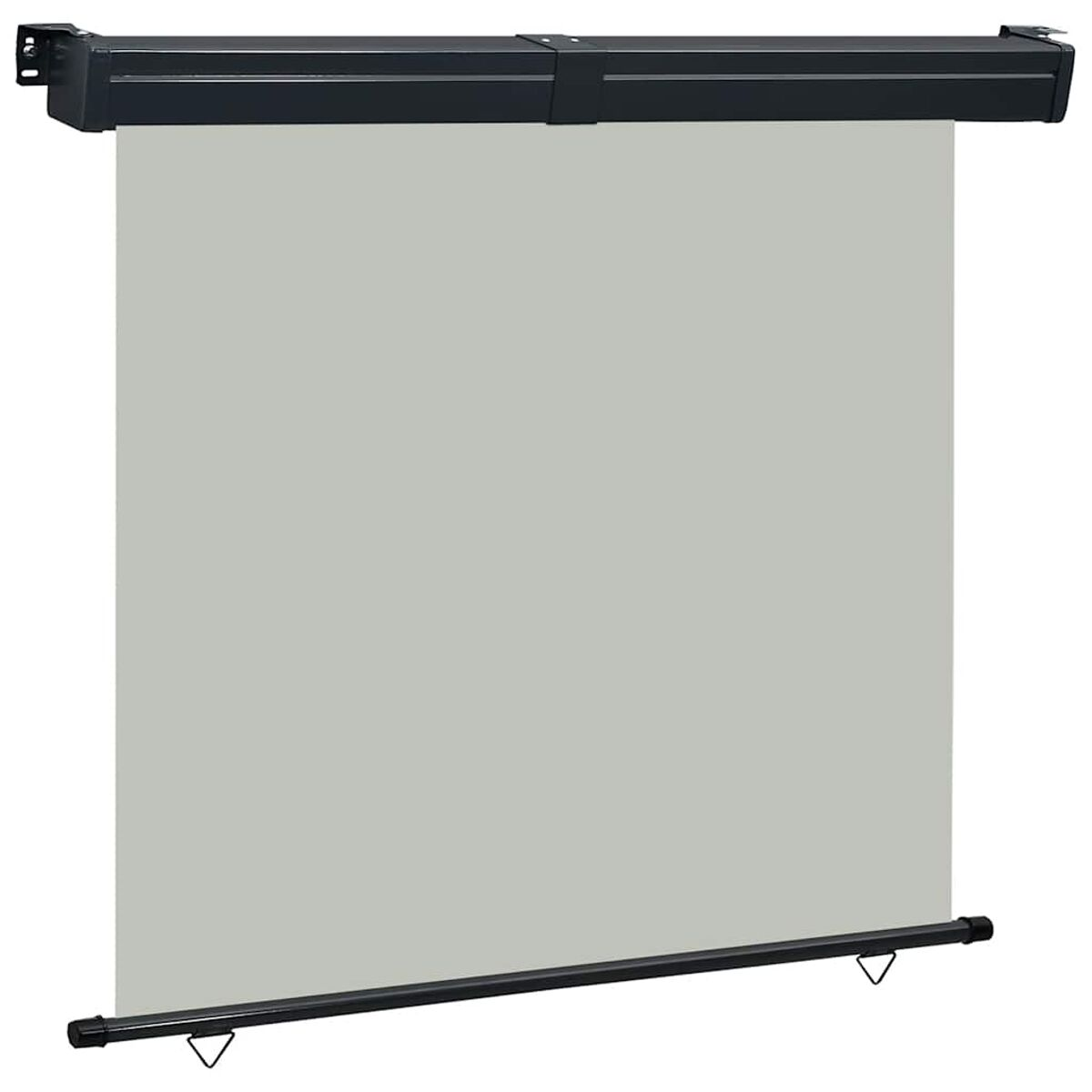 Graue Projektionsleinwand. Sie befindet sich in einem schwarzen Gehäuse. Weißer Hintergrund.