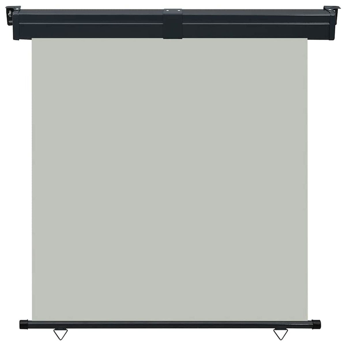 Aufgerollte graue Leinwand mit schwarzem Rahmen. Der Hintergrund ist weiß.