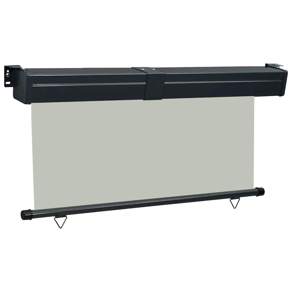 Eine Projektorleinwand, schwarzes Gehäuse oben, eine aufgerollte graue Leinwand und schwarzer Stab unten.