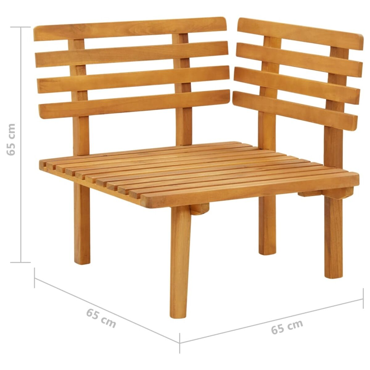 Eckstuhl aus Holz mit Maßen: 65 cm x 65 cm.