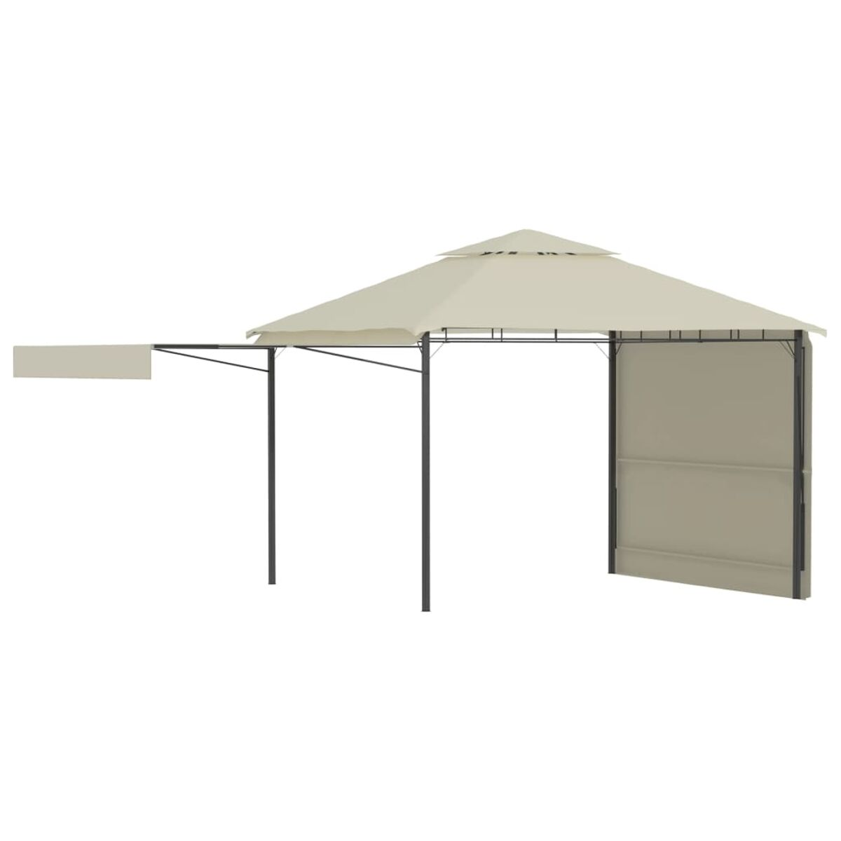 Beiger Pavillon mit Seitenerweiterung, auf weißem Hintergrund.
