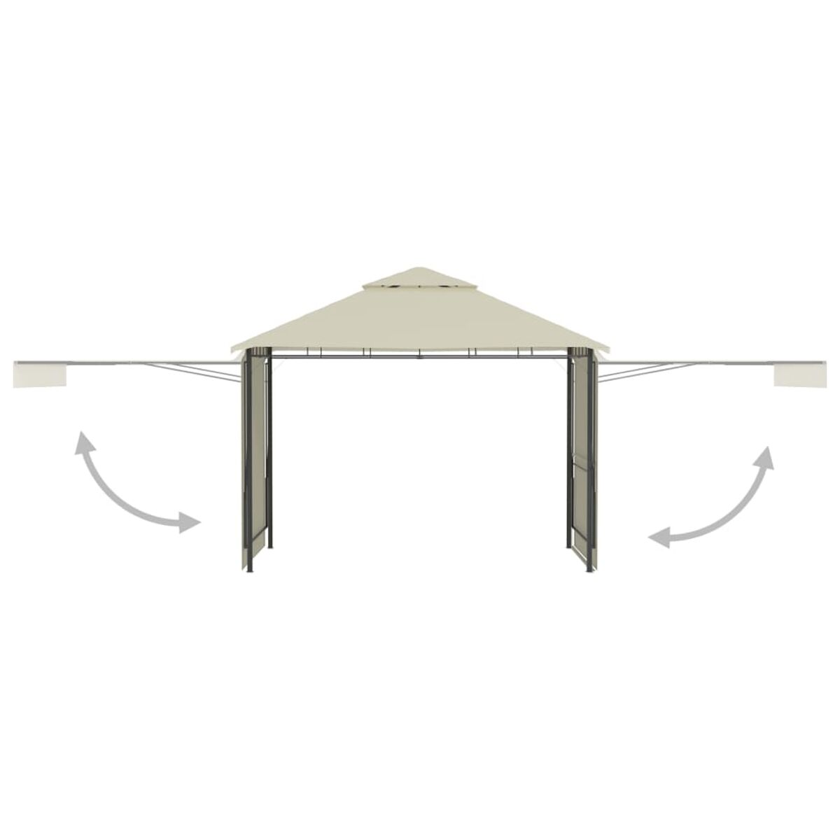Beiger Pavillon mit ausziehbaren Seitenteilen und weißem Hintergrund.