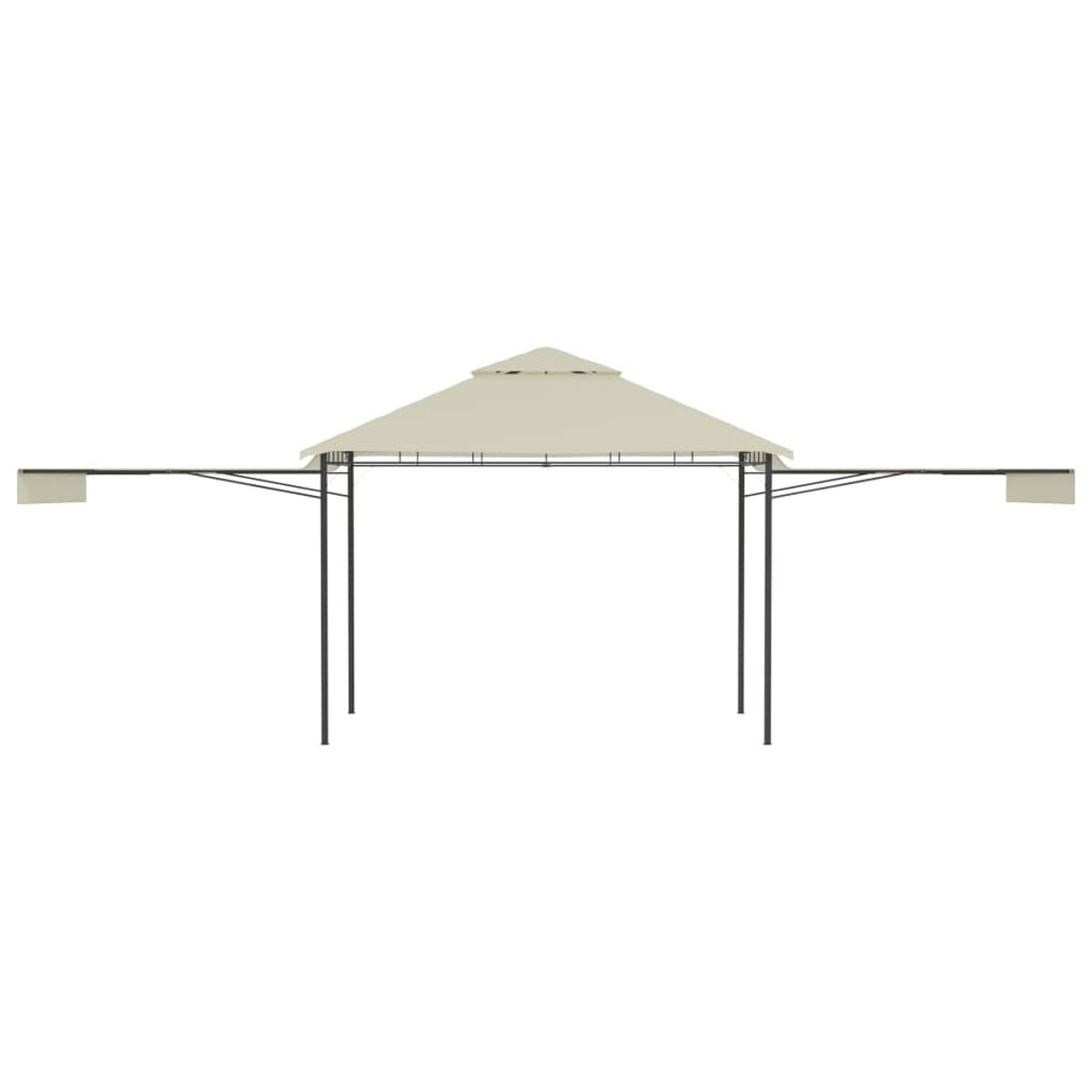 Beiges Pavillon-Gestell mit Spitzdach und Stützen. Es wird aus einem niedrigen Winkel betrachtet.