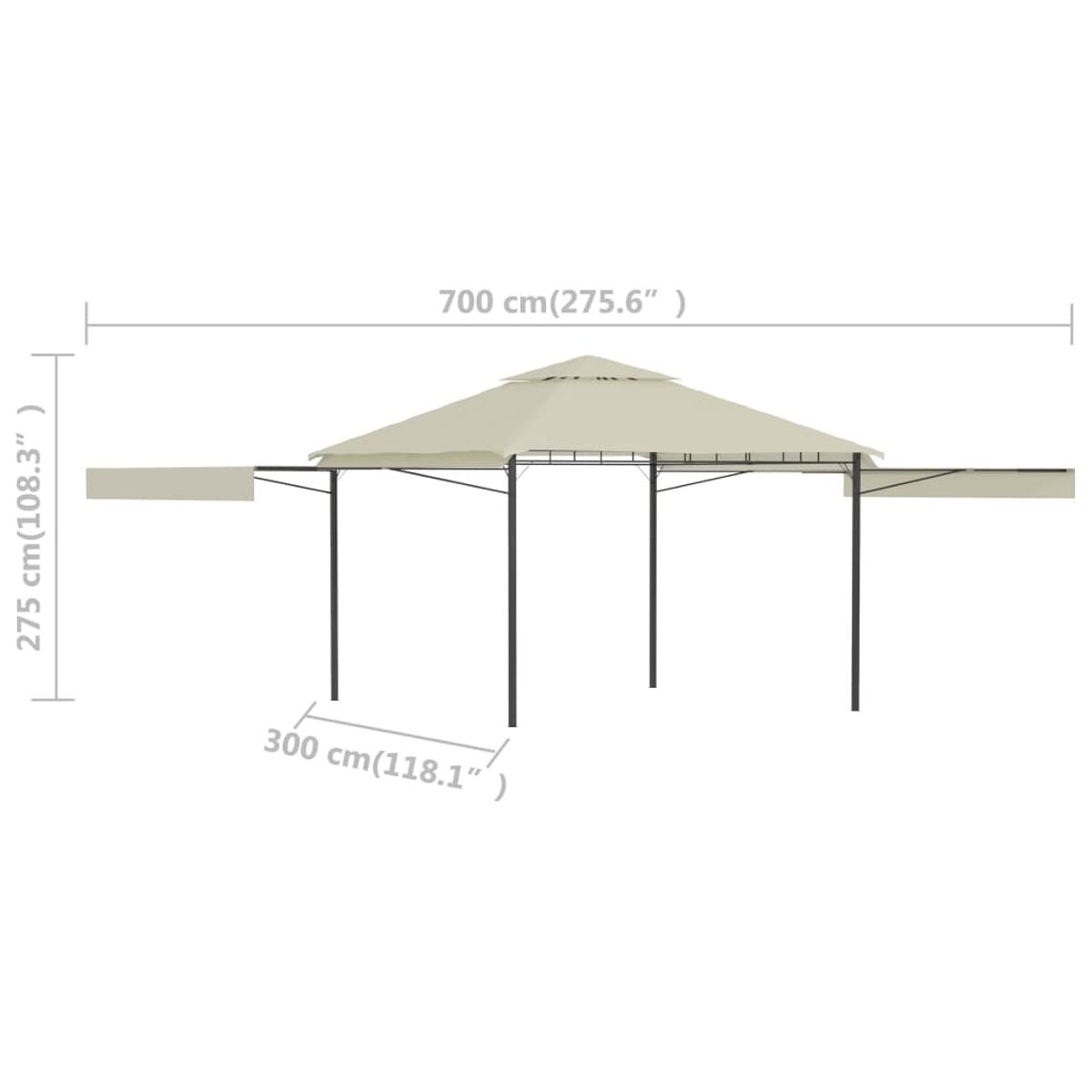 Ein weißer Pavillon mit beigem Baldachin. Abmessungen: 700x275x300 cm.
