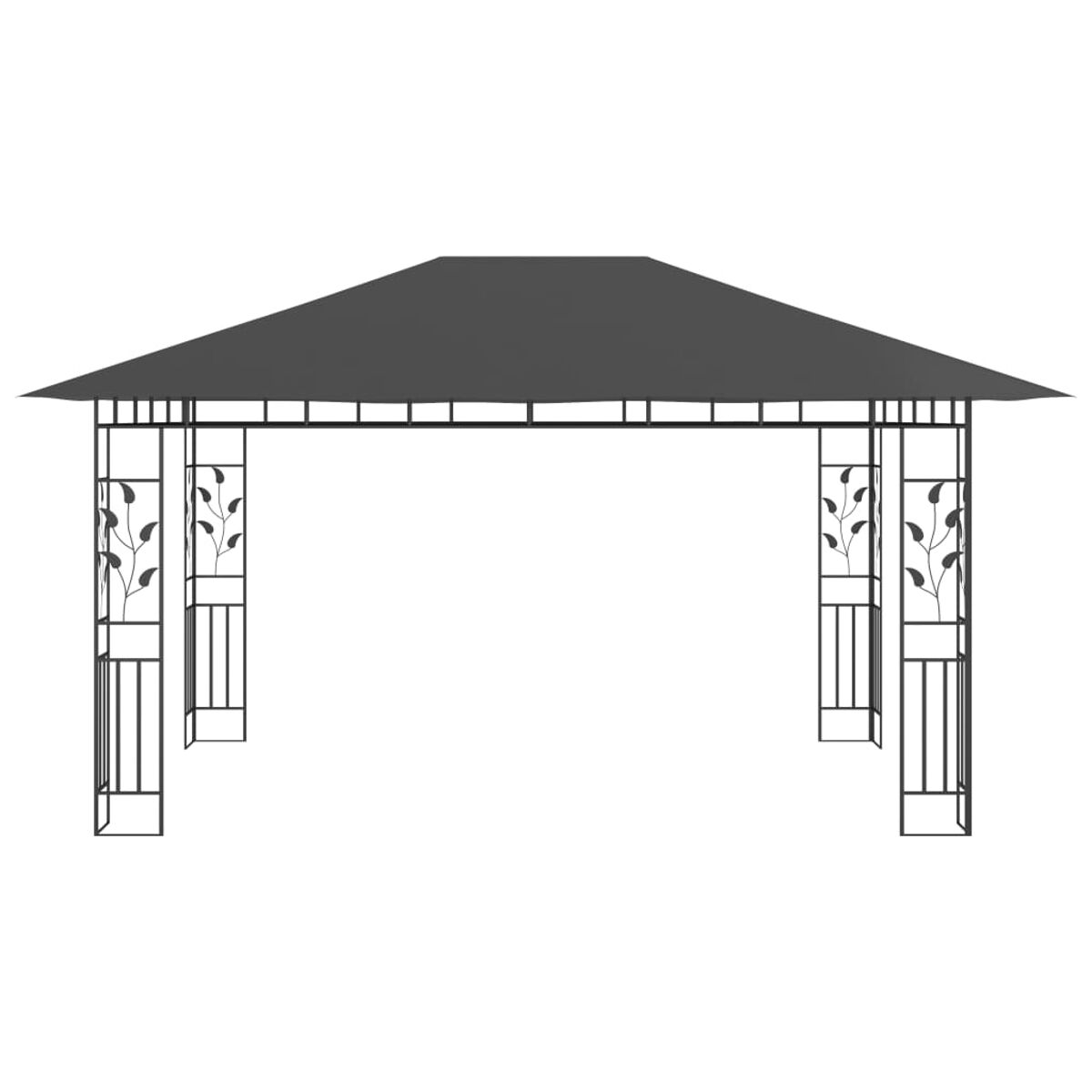 Ein schwarzer Pavillon mit dekorativem Design an den Säulen. Weißer Hintergrund.