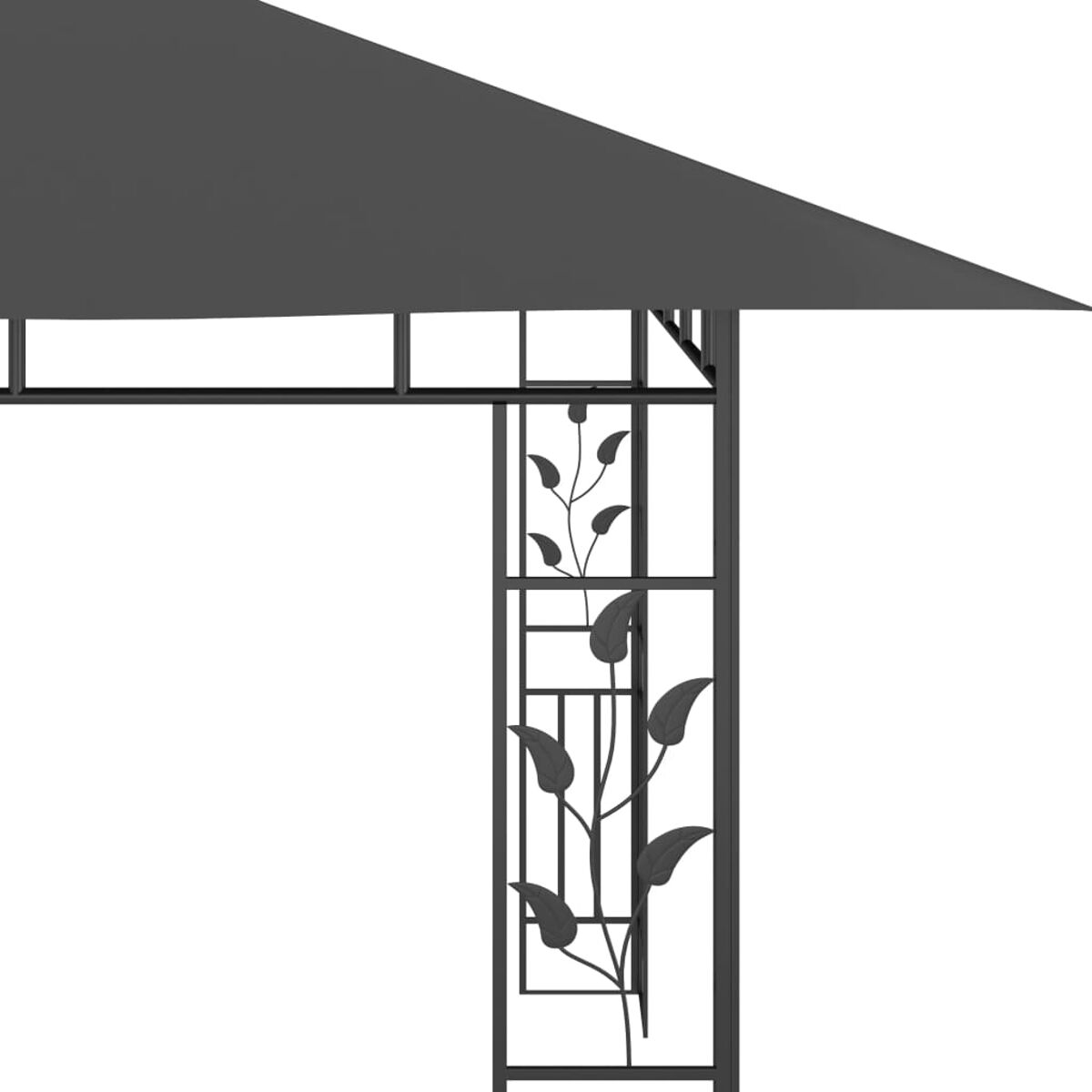 Schwarzer Metallpavillon mit Blätterdesign. Teilansicht der Struktur, weißer Hintergrund.