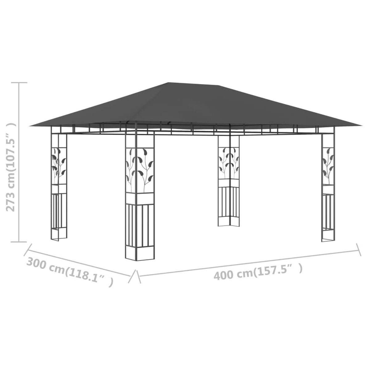 Ein schwarzer und metallischer Pavillon mit angegebenen Abmessungen. Es hat ein rechteckiges Dach, das von vier Säulen getragen wird.