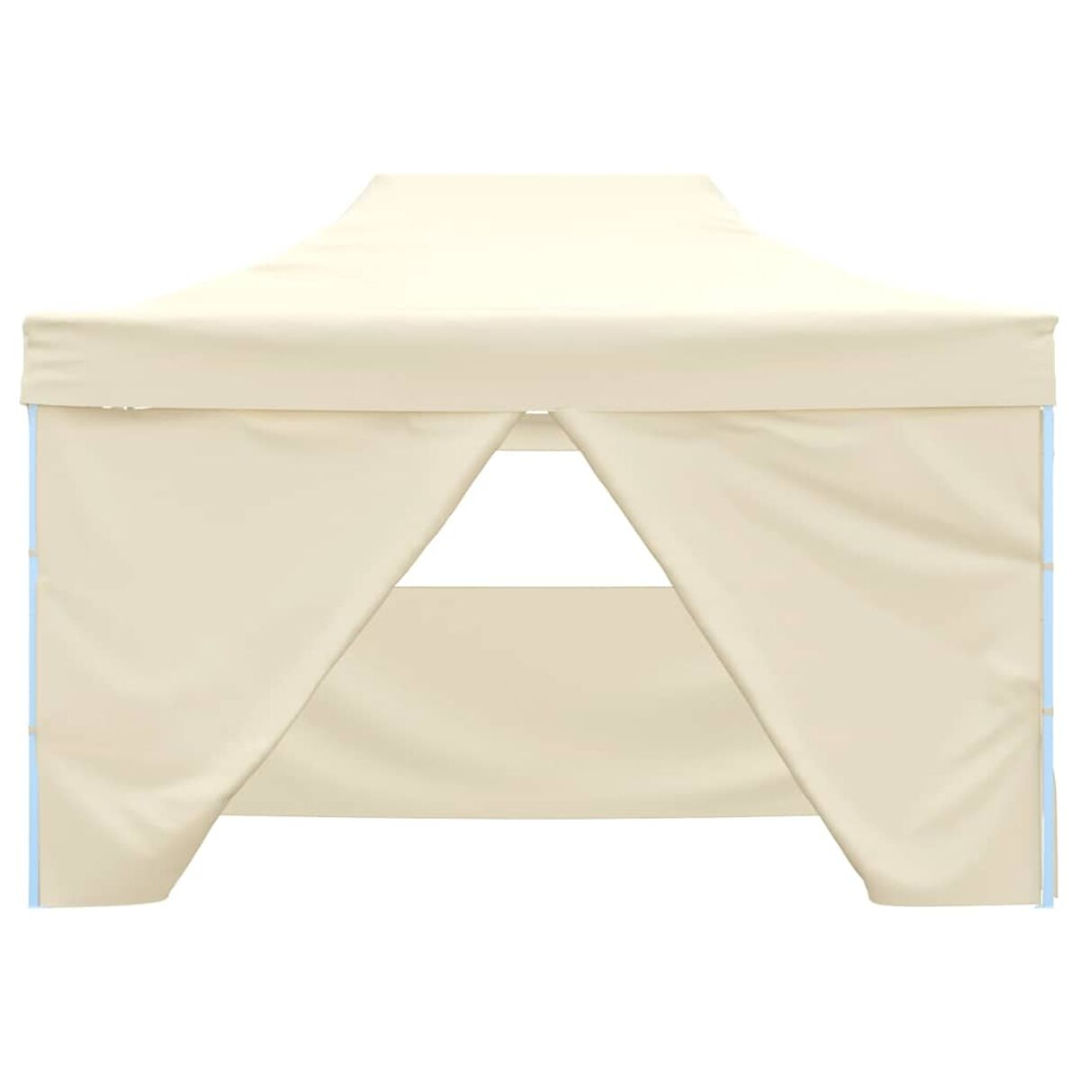 Beiges Pop-up-Zelt mit offener Front, auf weißem Hintergrund, Nahaufnahme.