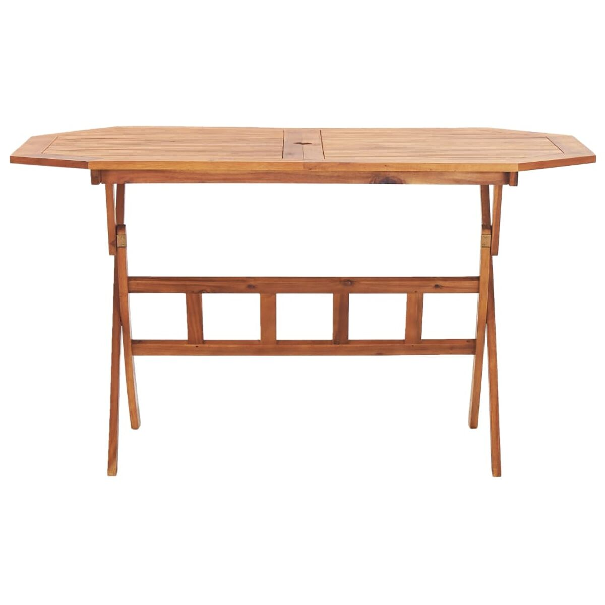 Klapptisch aus Holz, rechteckige Platte mit abgerundeten Enden. Braune Holzbeine im A-Rahmen-Design.