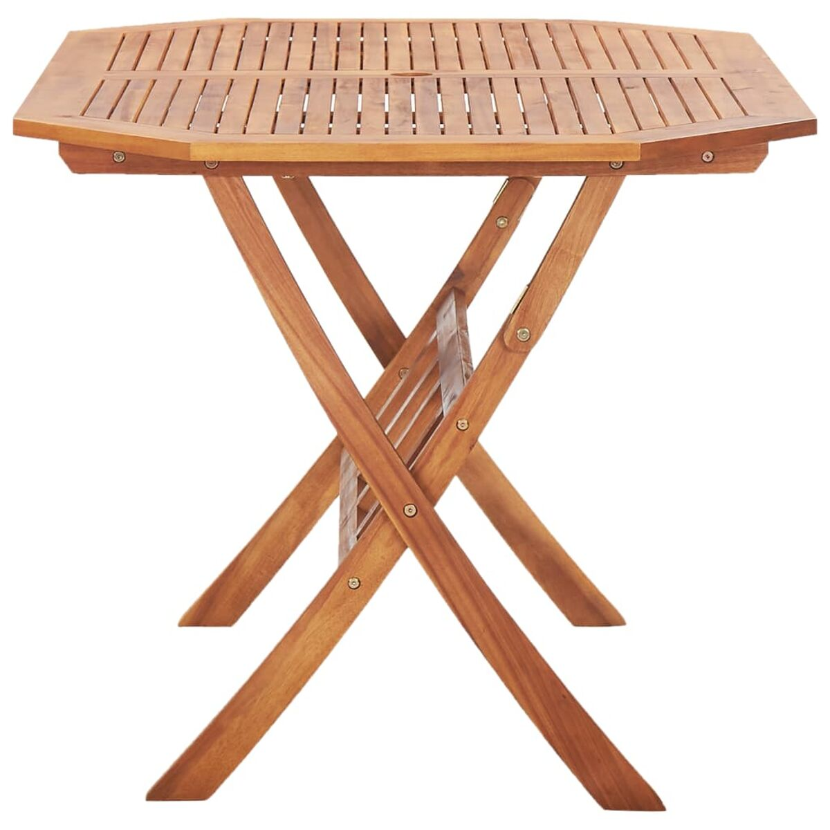 Achteckiger Holztisch mit Klappbeinen.