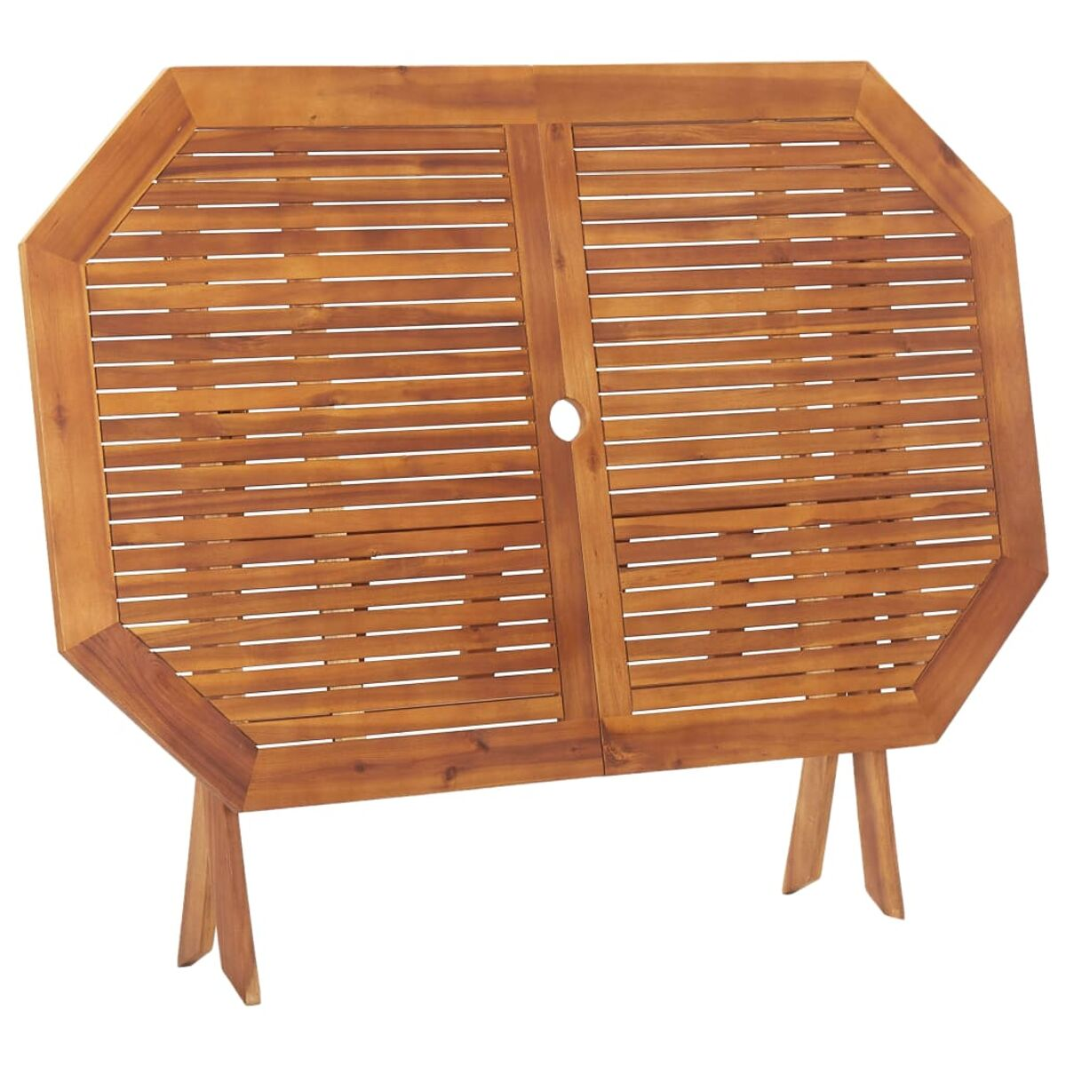 Holztisch mit Lattenrost, achteckig. Zwei Klappblätter sind mit zwei Beinen ausgeklappt.