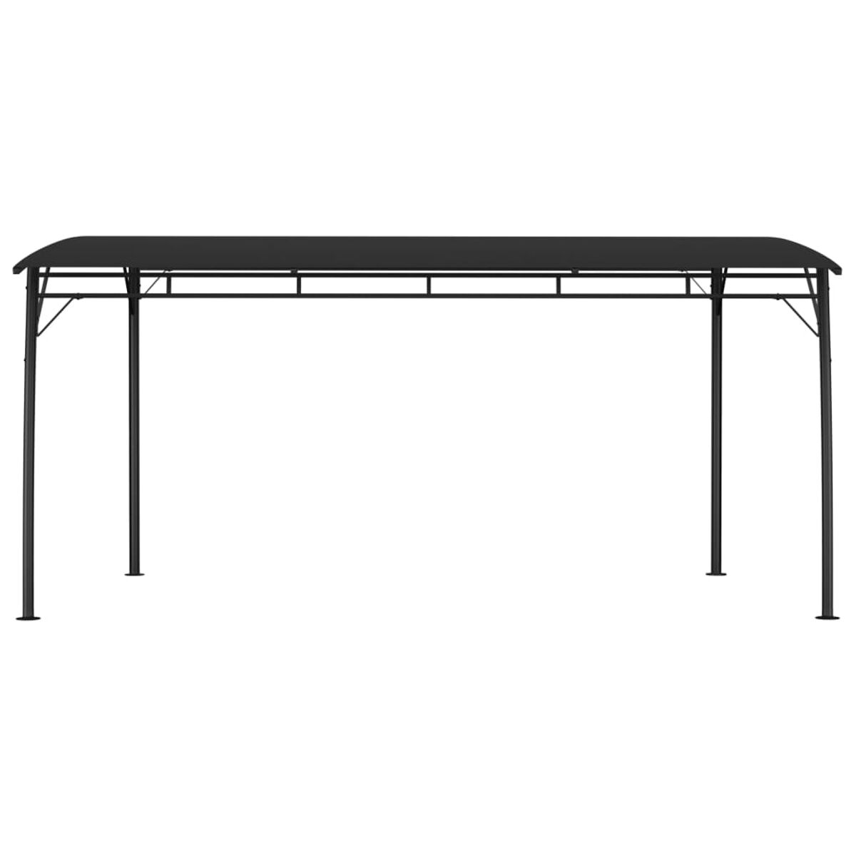 Schwarze Metallpergola mit vier Pfosten und Flachdach, isoliert auf weißem Hintergrund.