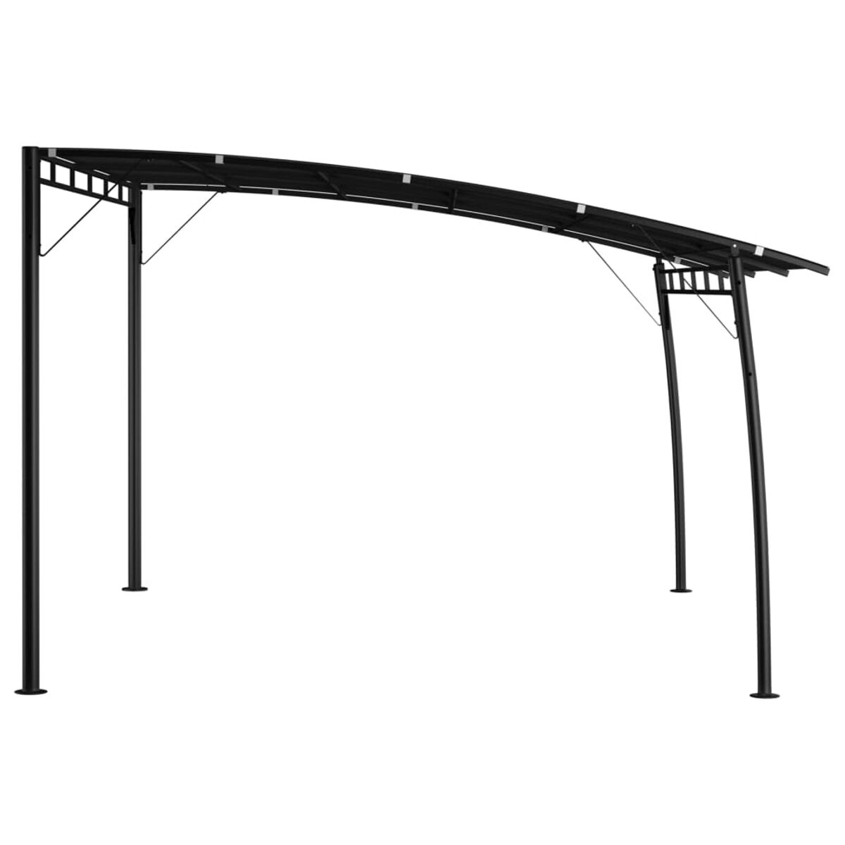 Schwarze Metallpergola mit geschwungenem Dach. Weißer Hintergrund.