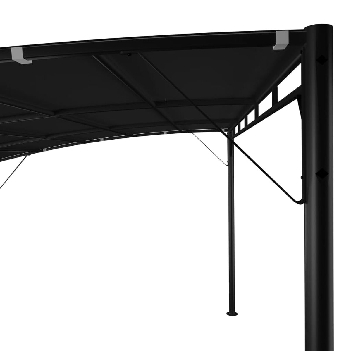 Schwarze Pavillon-Ecke. Schwarzer Metallrahmen, der die Dachkonstruktion und eine vertikale Stange zeigt.