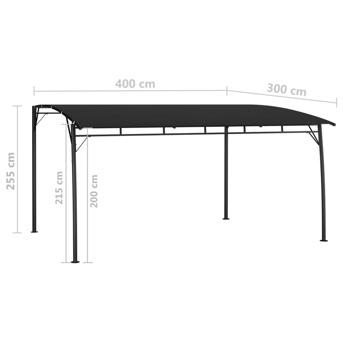 Schwarze Metallpergola mit Maßangaben auf weißem Hintergrund.