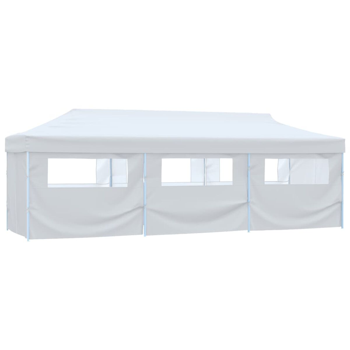 Weißer rechteckiger Pavillon mit Fenstern. Es hat ein einfaches Design und ist aus Stoff gefertigt.