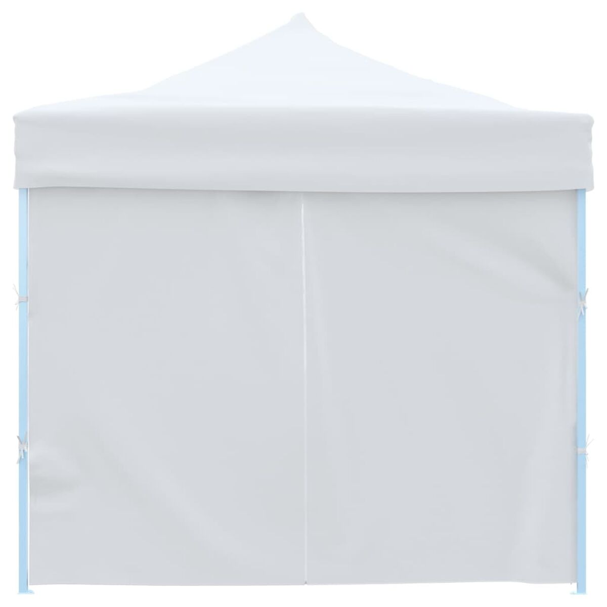 Weißes Pop-up-Zelt mit spitzem Dach und hellblauem Rahmen, weißer Hintergrund.