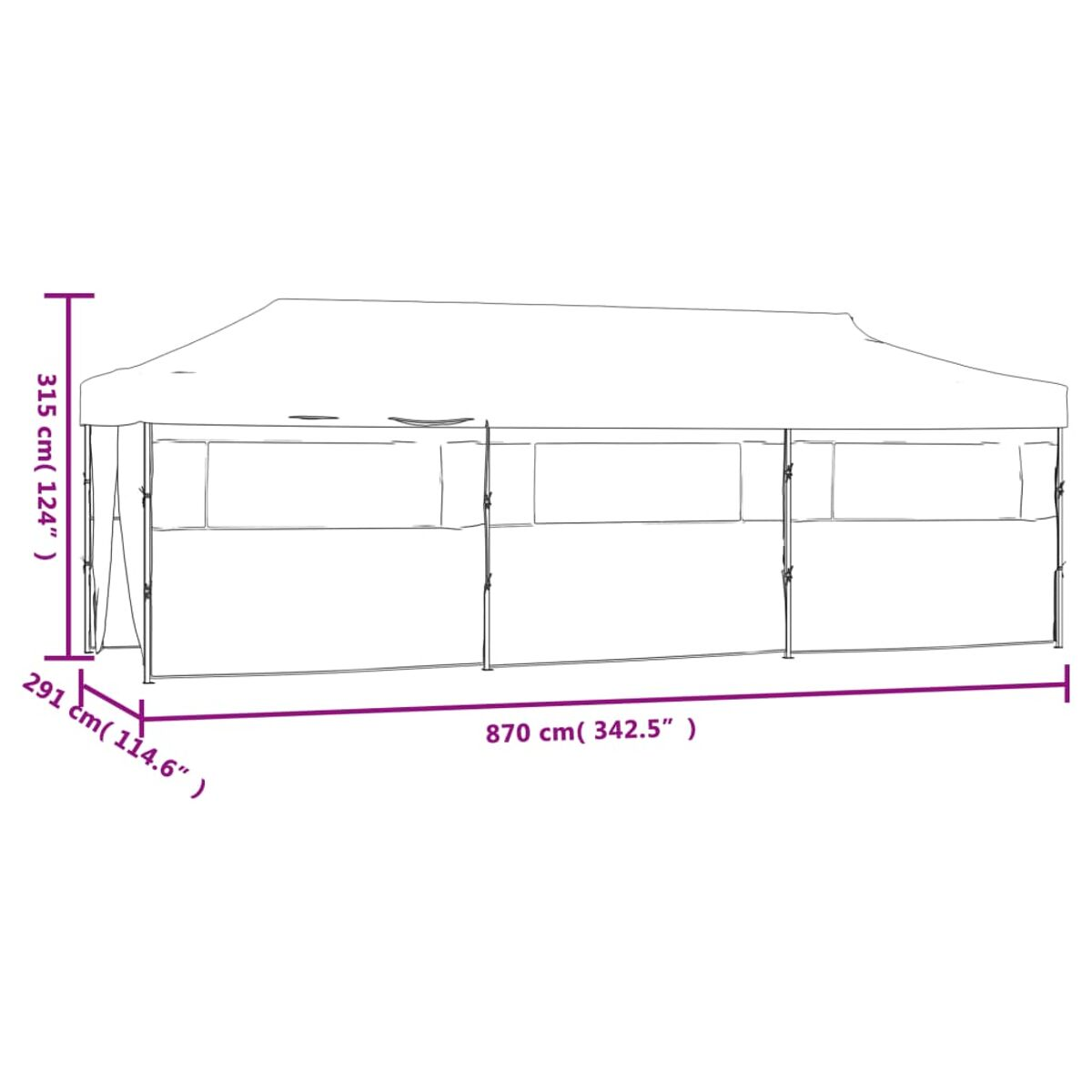 Ein großes weißes und beiges Zelt mit beschrifteten Abmessungen: 870 cm lang, 291 cm hoch und 315 cm breit.