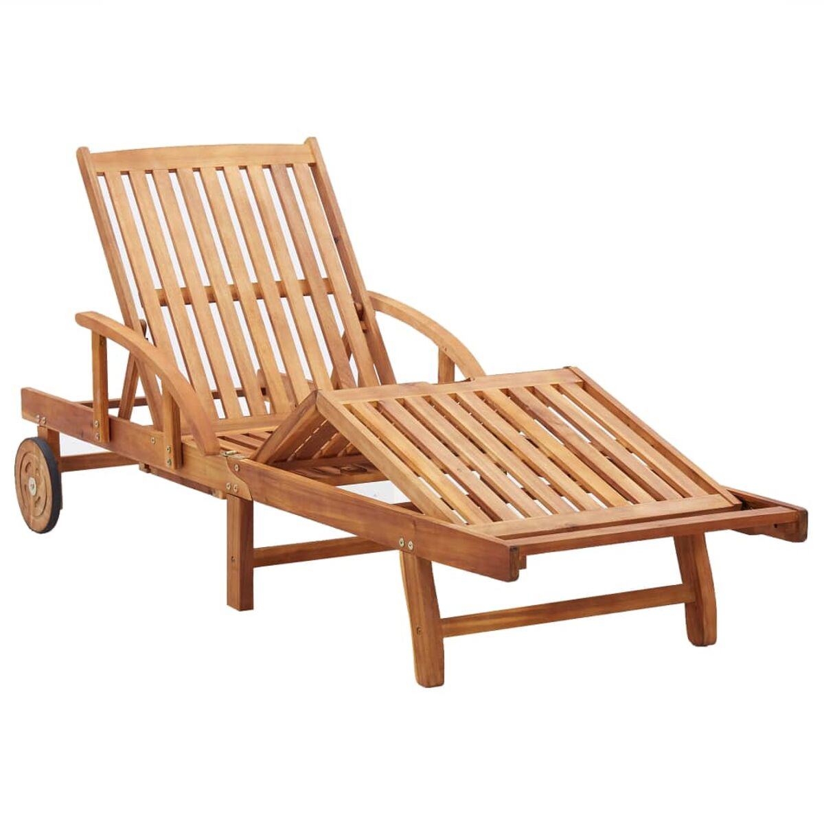 Chaise Lounge aus Holz. Braune Farbe, Räder auf einer Seite. Verstellbare Rückenlehne.