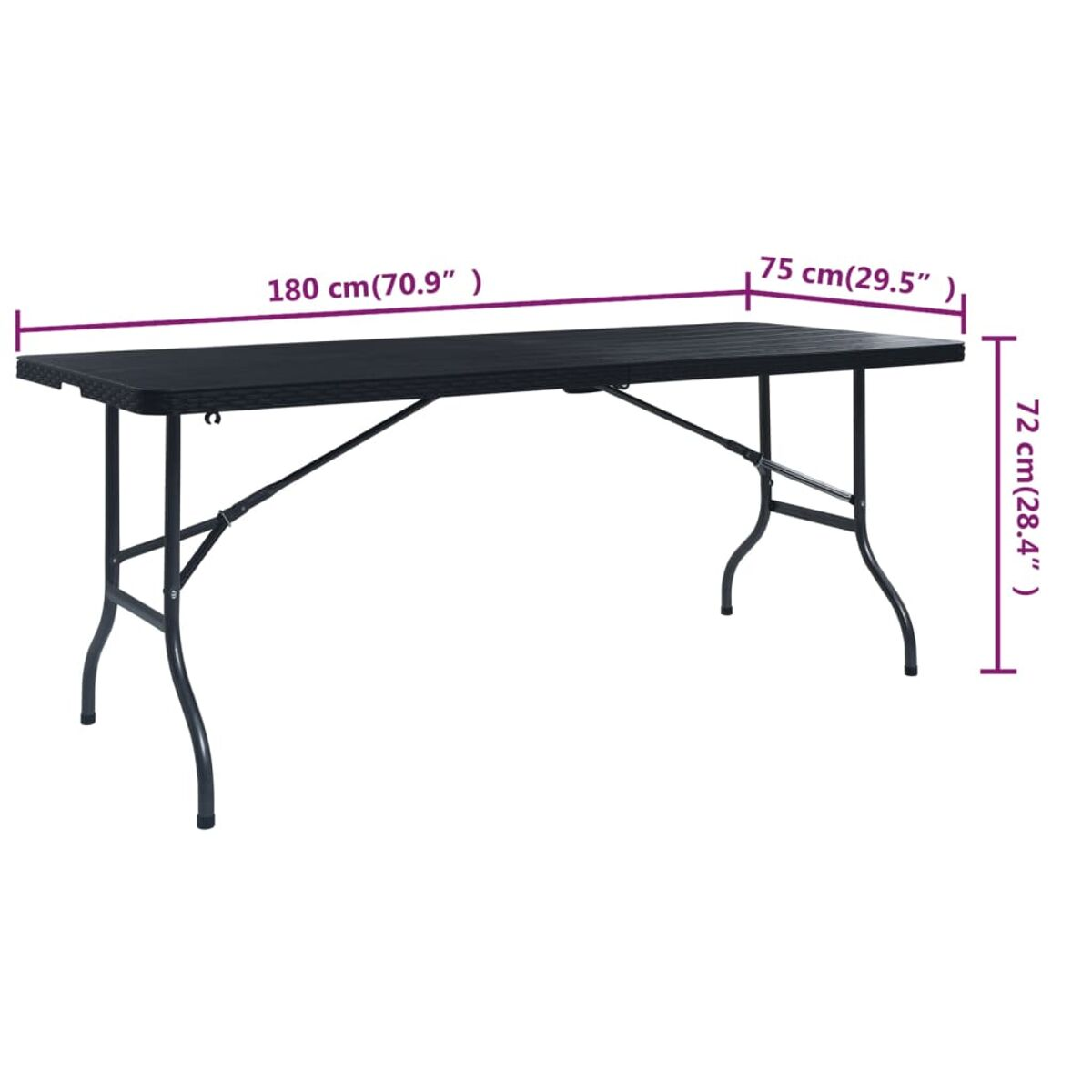 Ein schwarzer Klapptisch mit Maßen: 180cm, 75cm und 72cm. Weißer Hintergrund.