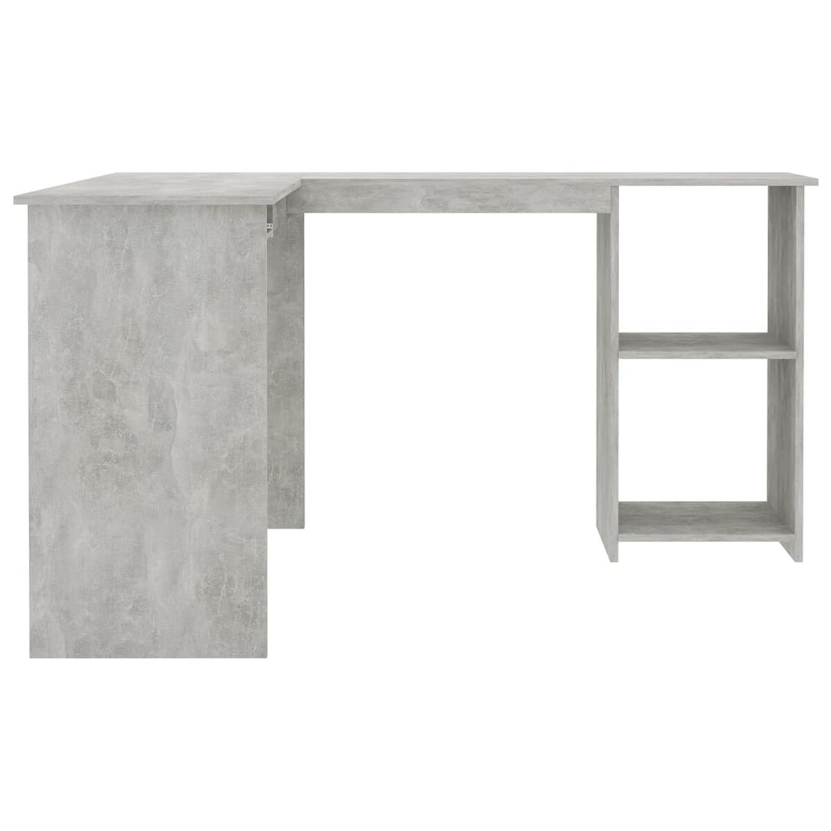 L-förmiger grauer Schreibtisch mit angebautem Regal, auf weißem Hintergrund.