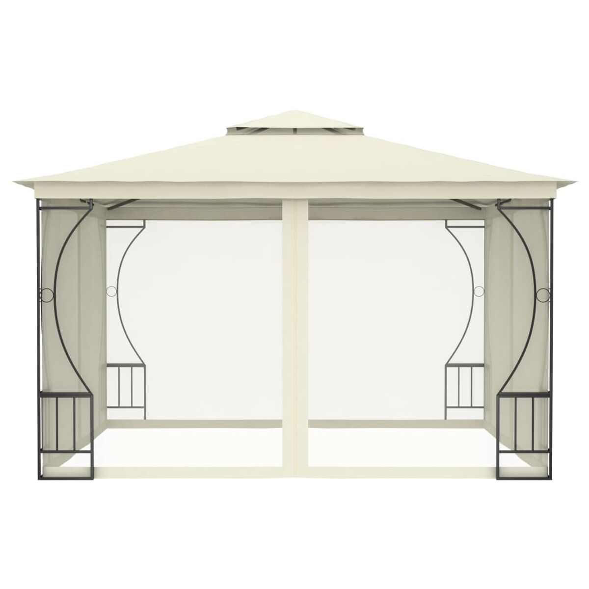 Beiger Pavillon. Weiße Vorhänge. Schwarzer Rahmen. Offene Struktur mit Spitzdach. Weißer Hintergrund.