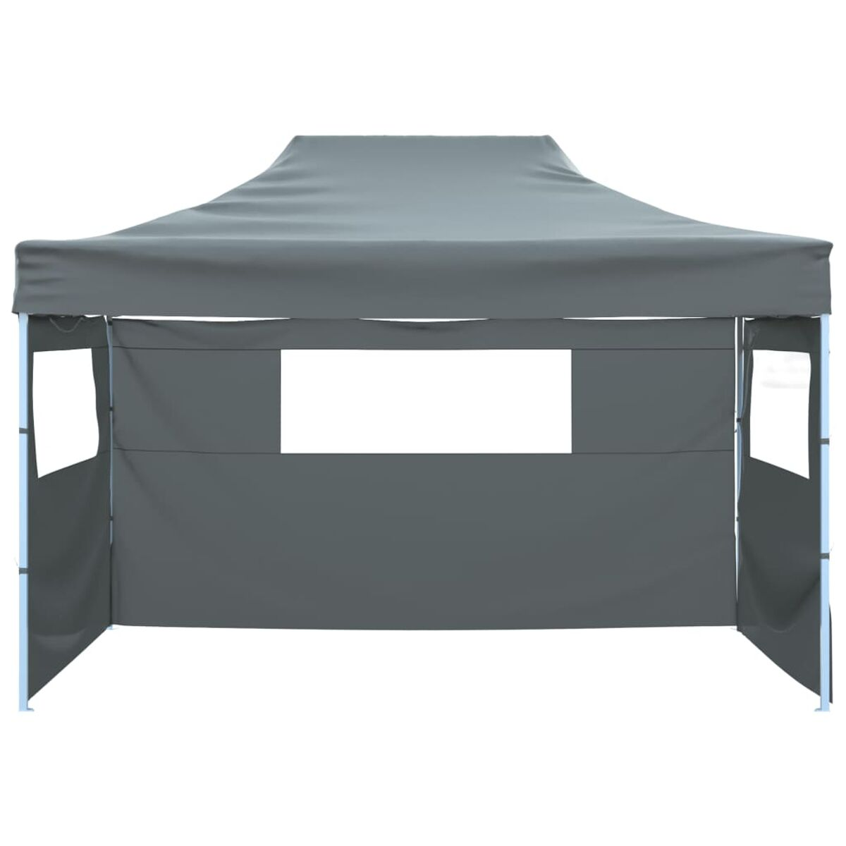 Graues Pop-up-Zelt mit weißem Fenster und Tür. Einfaches Design, isoliert auf Weiß.