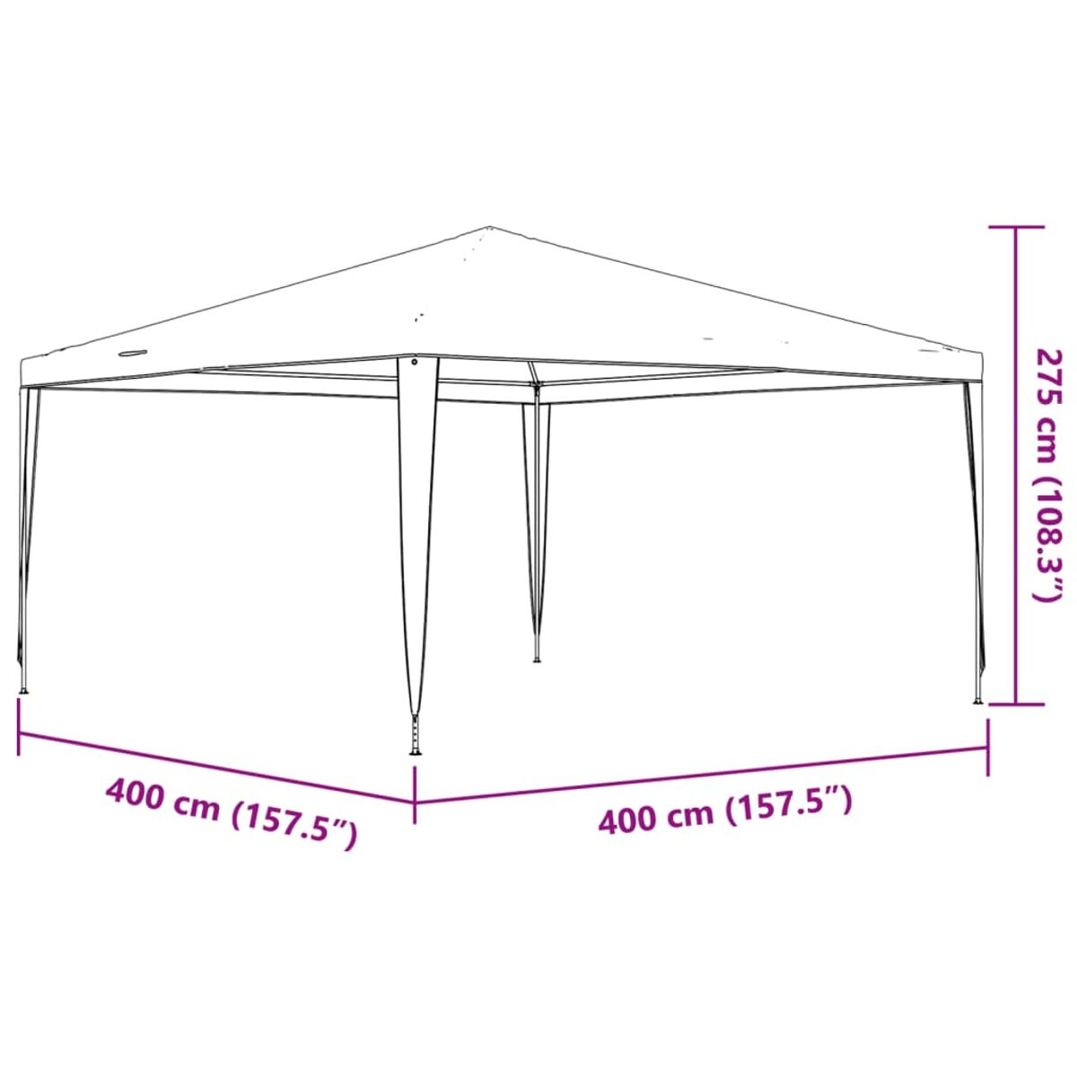 Weißes Zelt. Abmessungen sind 400 cm x 400 cm x 275 cm. Dreieckiges Dach.