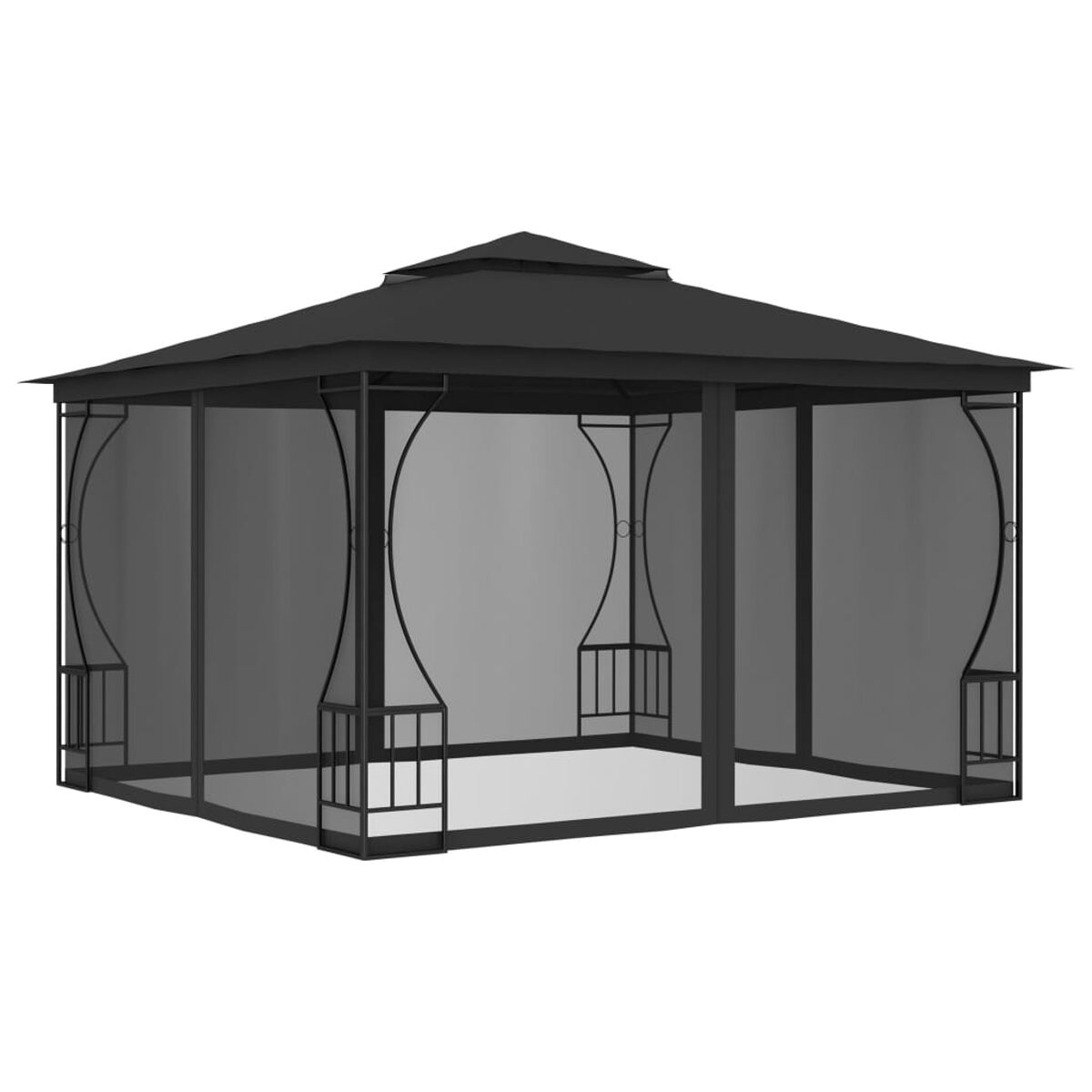 Schwarzer Pavillon mit Netzseiten. Dunkles Stoffdach, schwarzer Metallrahmen.