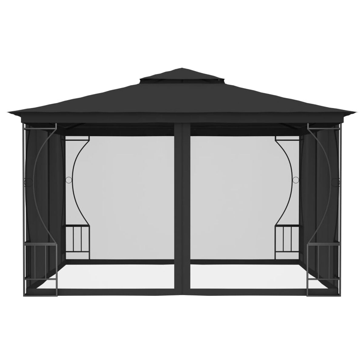 Schwarzer Pavillon mit schwarzem Dach und weißen Vorhängen.