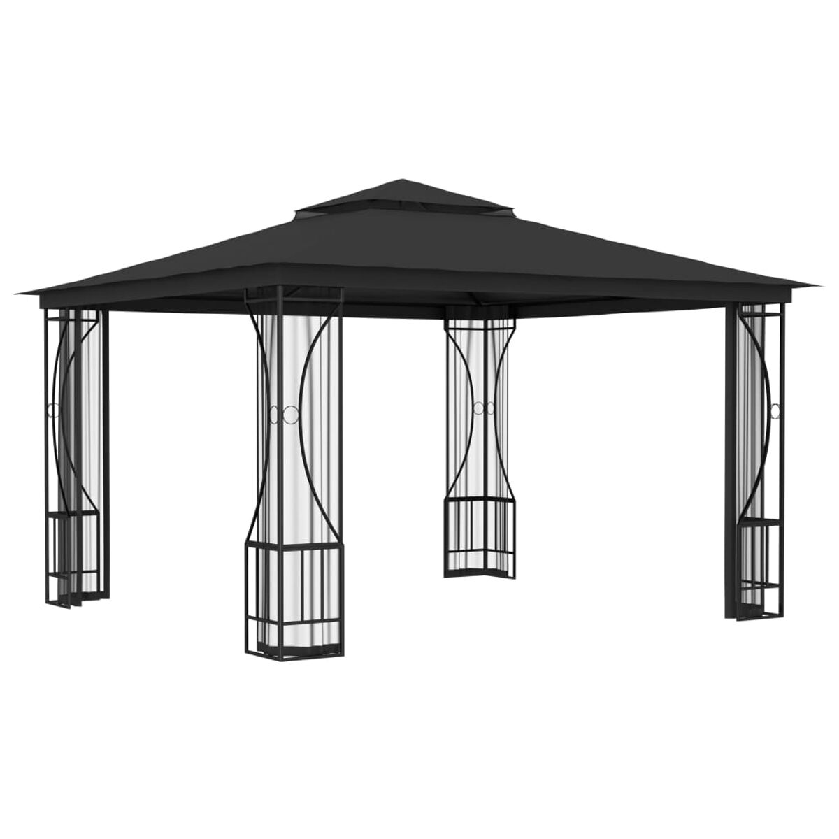 Schwarzer Pavillon mit quadratischem Dach und transparenten Seitenteilen.