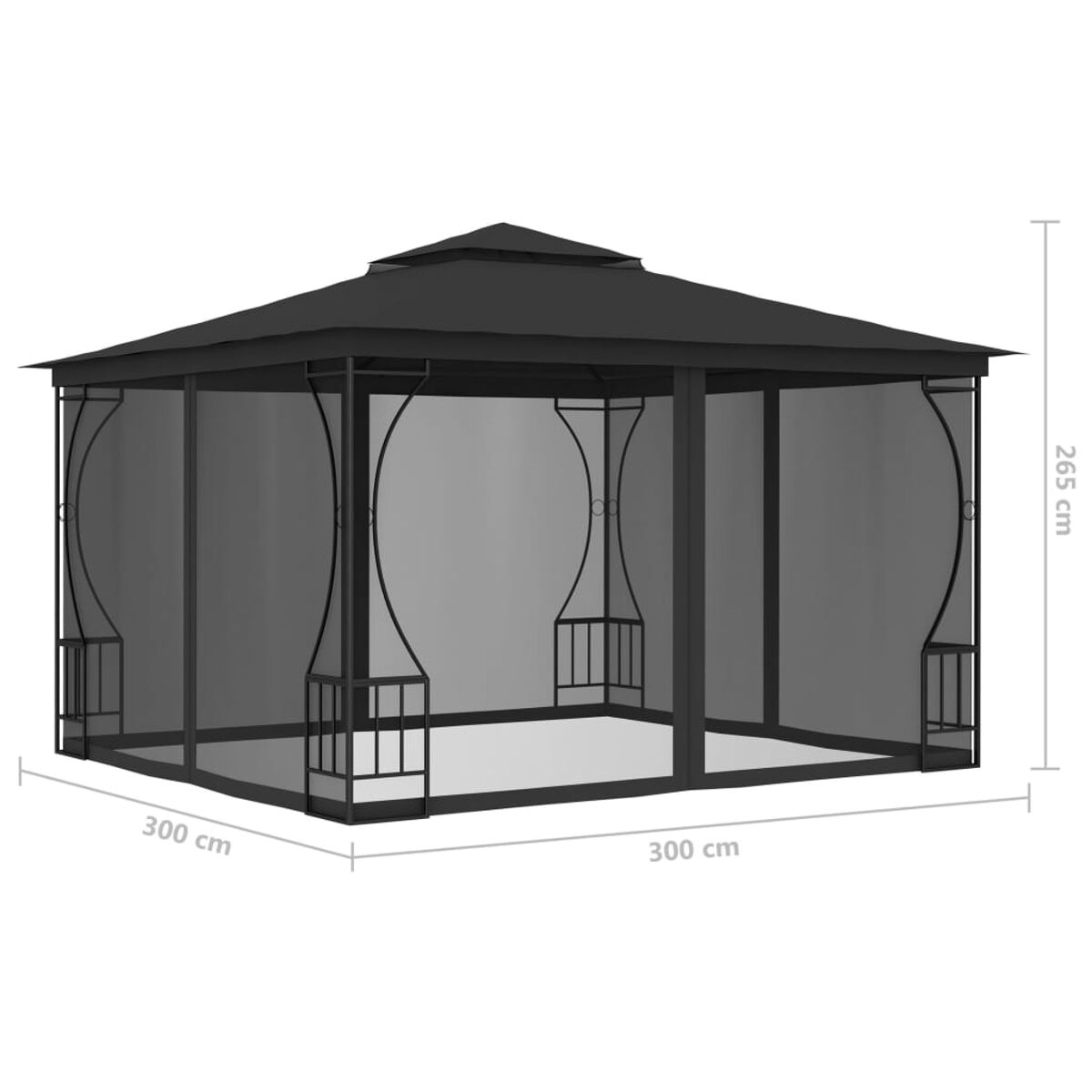 Schwarzer Pavillon mit Maschenwänden.