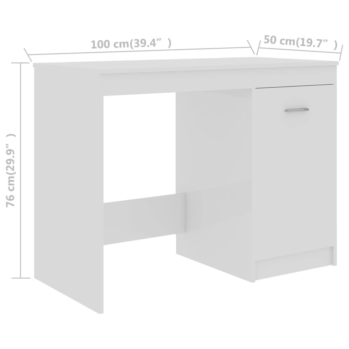 Weißer Schreibtisch mit offenem Raum und Schrank rechts. Abmessungen in cm und Zoll angegeben.