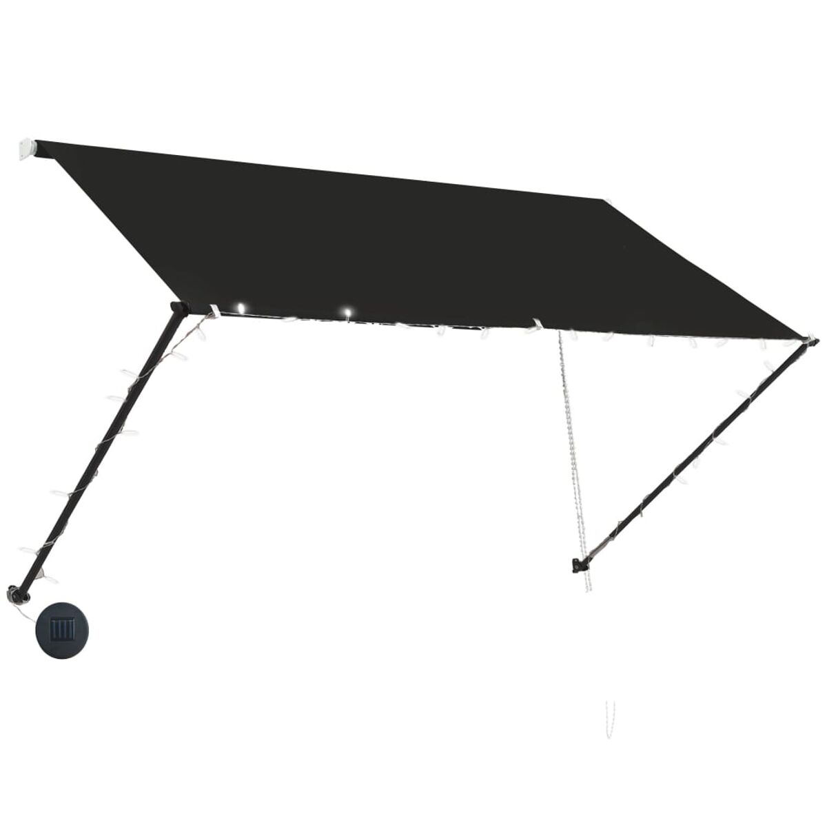 Schwarze Markise mit Lichtern und Solarpanel.