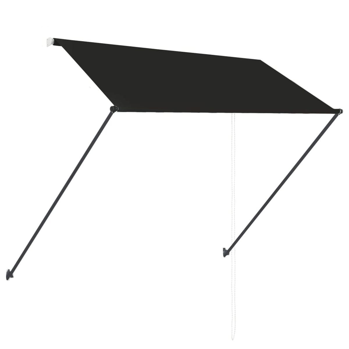 Schwarze Markise mit schrägem Design und Stützarmen, montiert auf weißem Hintergrund.