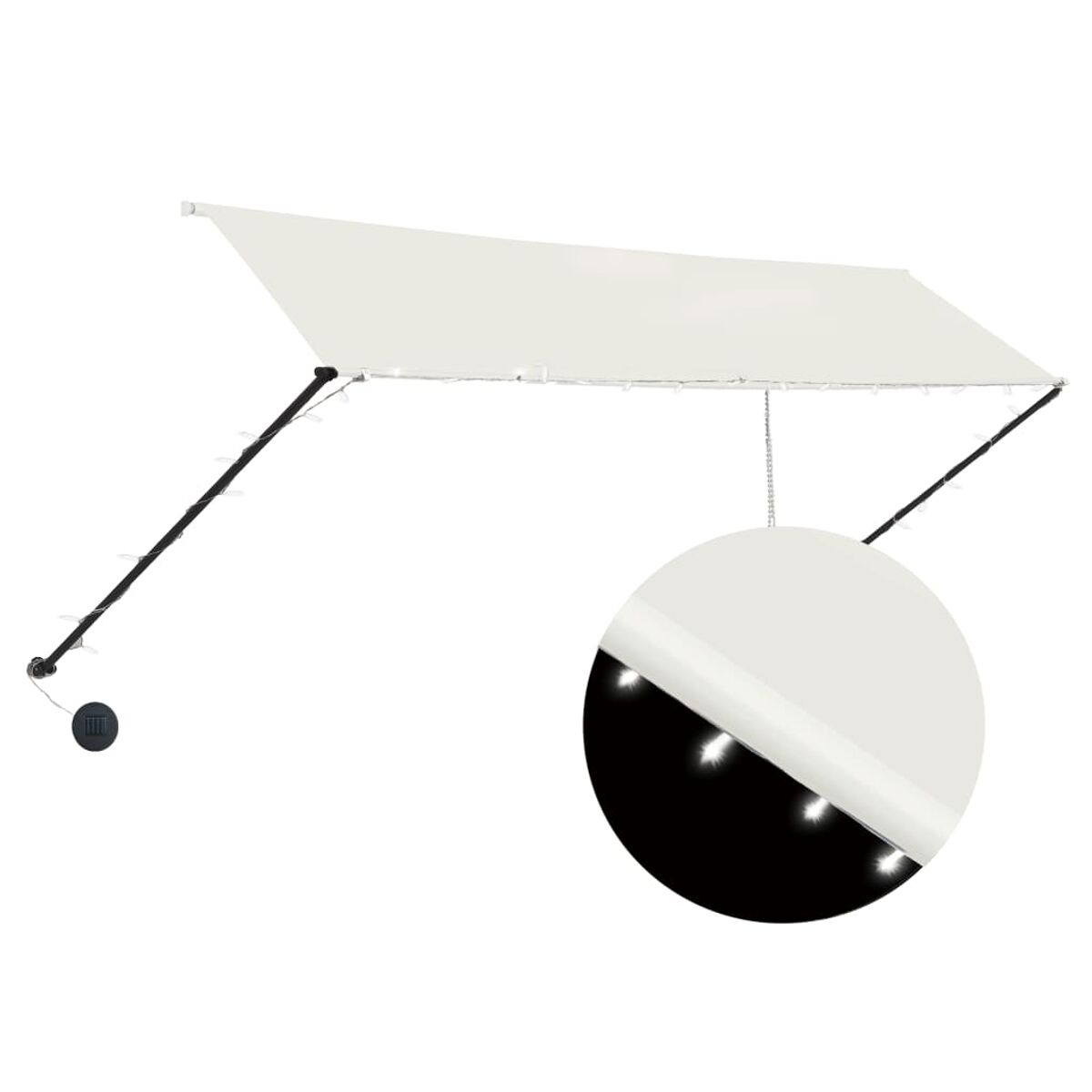 Weiße, solarbetriebene Markise mit Lichtern. Sie hat ein einziehbares Design und ist für den Außenbereich geeignet.