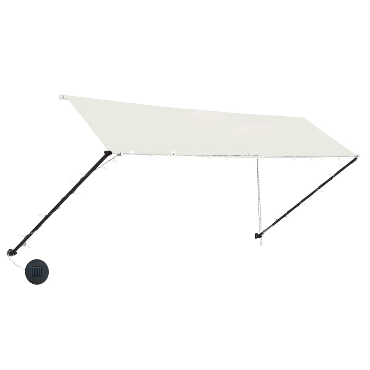 Weißes rechteckiges Sonnensegel mit schwarzen Stützarmen und Solarpanel.