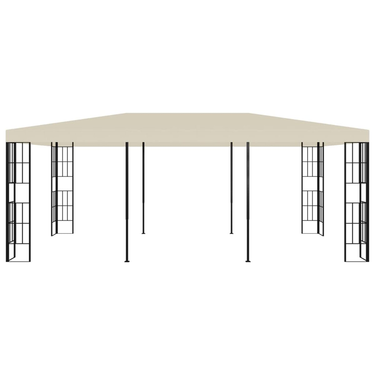 Ein beiger Pavillon mit cremefarbenem Dach und schwarzen Stützbalken.