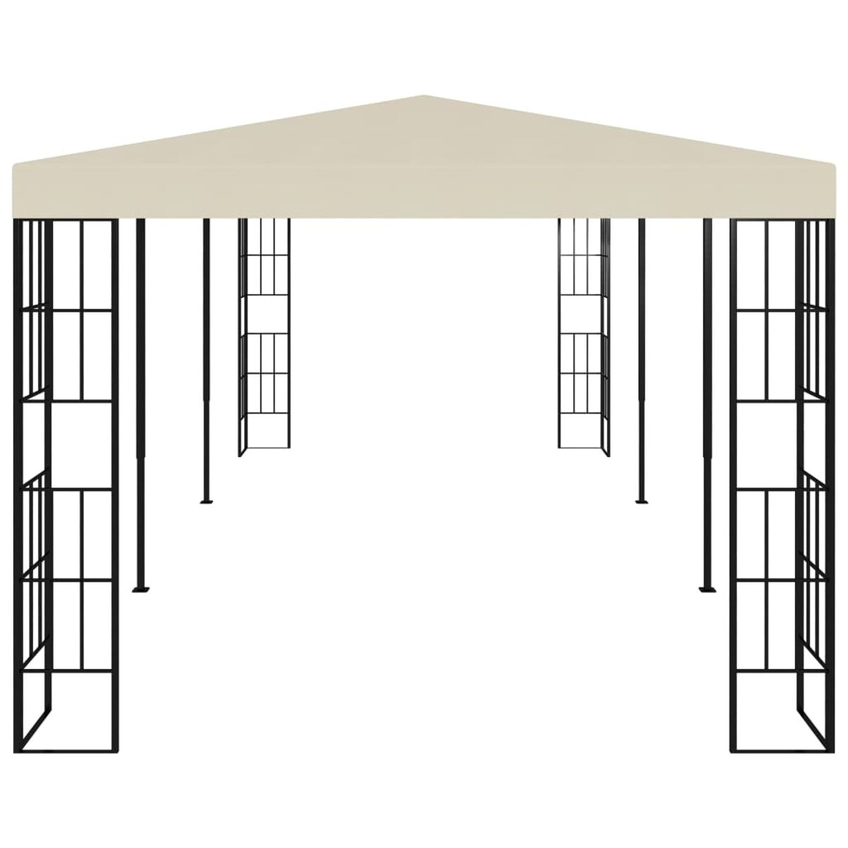 Beige Pavillon mit schwarzem Metallrahmen. Es hat ein Spitzdach und offene Seiten.