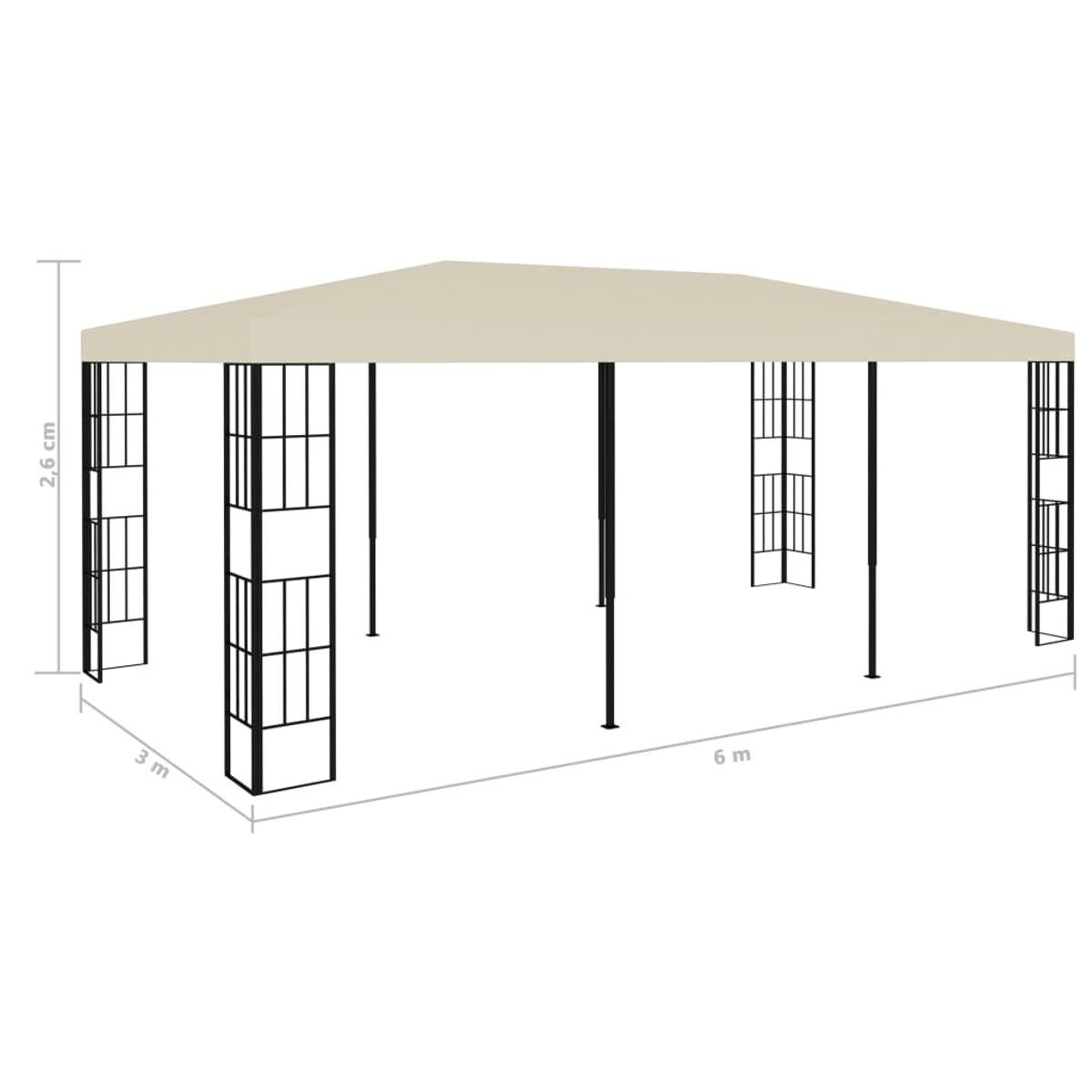Beiger Pavillon, schwarzer Rahmen, Maße 6m x 3m x 2,6m, vor weißem Hintergrund.