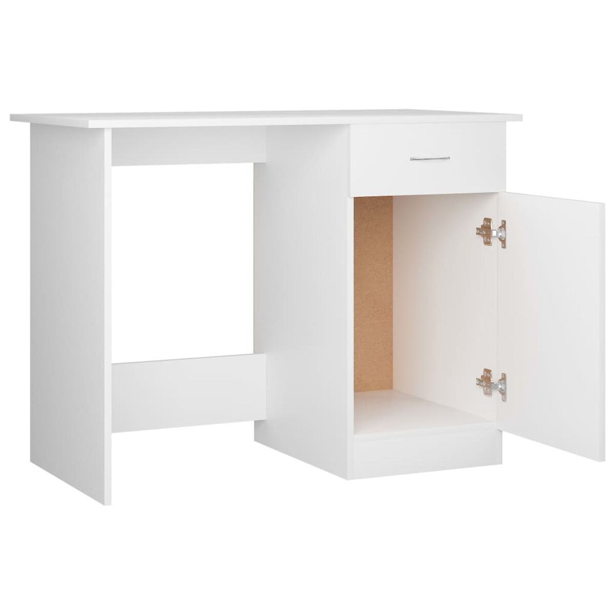 Ein weißer Schreibtisch mit einer Schublade und einem Schrank mit offener Tür. Der Schreibtisch hat ein schlichtes Design.