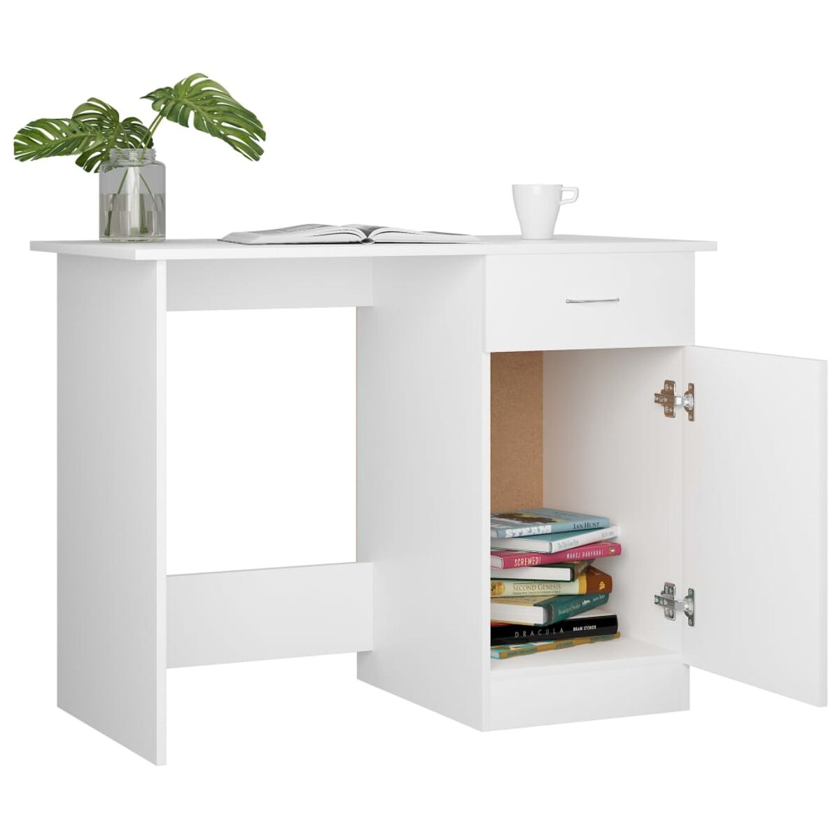Weißer Schreibtisch mit offenem Schrank, der Bücher enthält. Pflanze und Tasse auf dem Schreibtisch.
