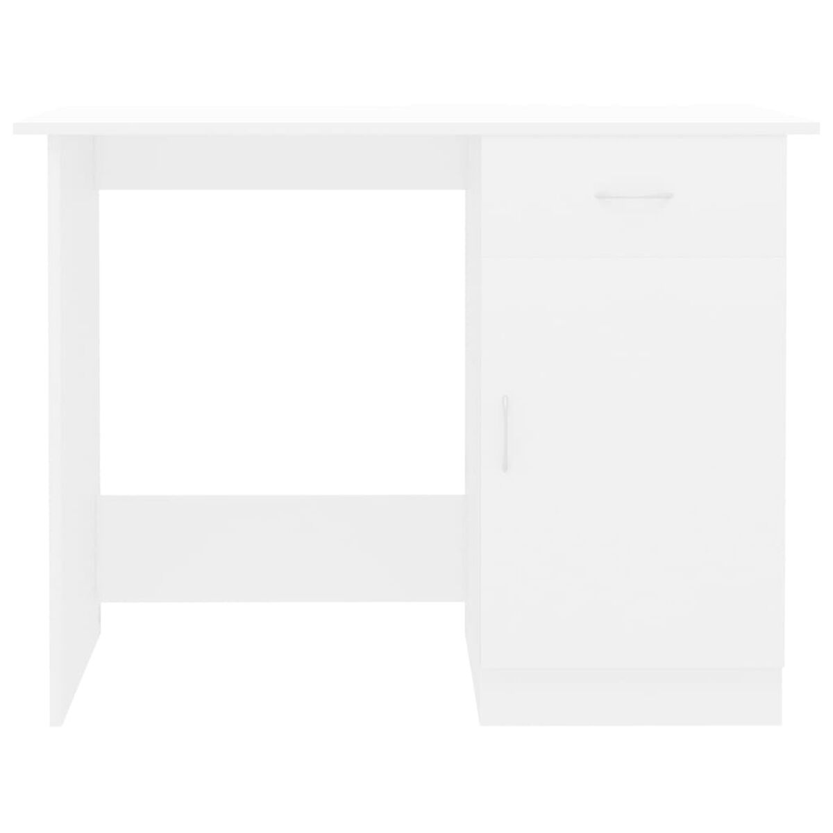 Ein weißer Schreibtisch mit Schublade und Schrank, mit einfachem und sauberem Design.