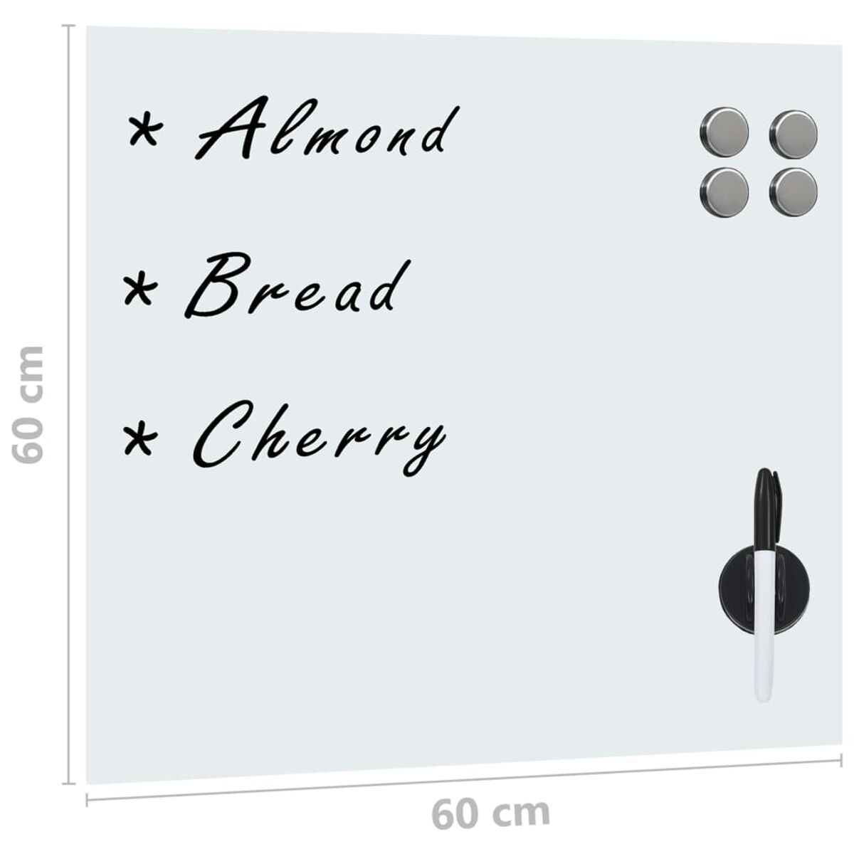 Whiteboard mit Artikeln: Mandel, Brot, Kirsche. Magnete und ein Marker vorhanden.