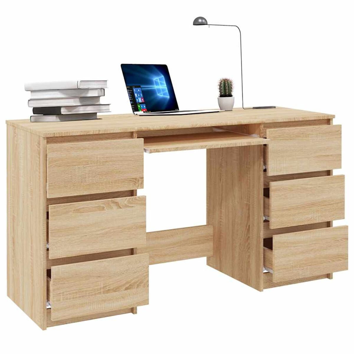 Holzschreibtisch mit Schubladen, Laptop, Lampe und Büchern. Kaktus oben. Helle Holzfarbe.