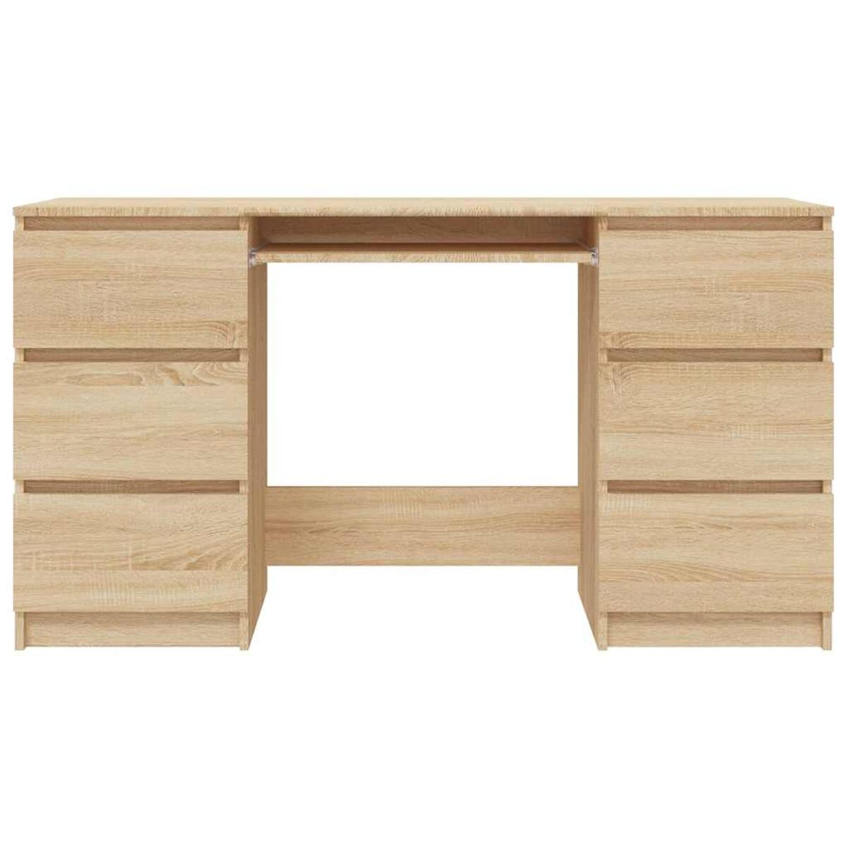 Holzschreibtisch mit Schubladen. Eine Tastaturablage ist in der Mitte.