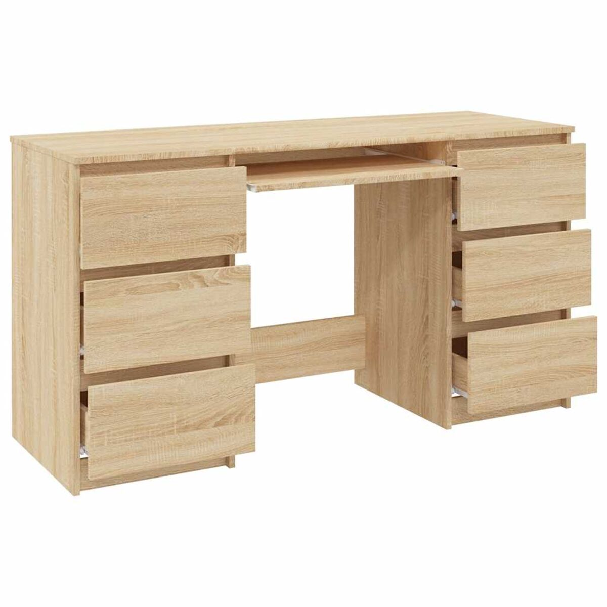 Ein heller Holzschreibtisch mit mehreren Schubladen und einem ausziehbaren Tastaturfach.
