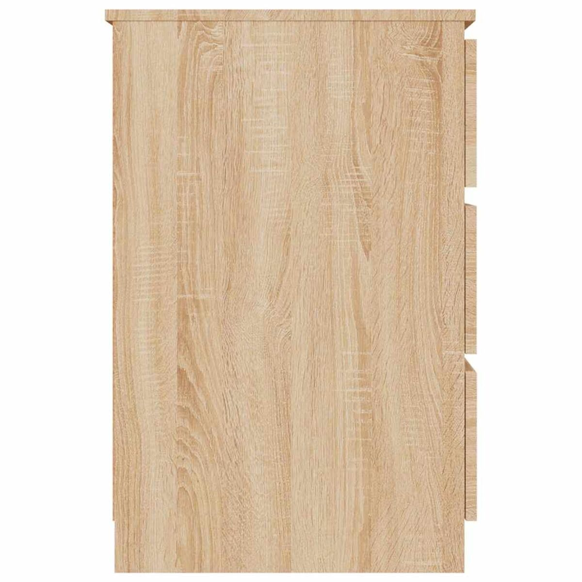 Seitenansicht des Holzschranks mit drei Schubladen, zeigt Holzmaserung.