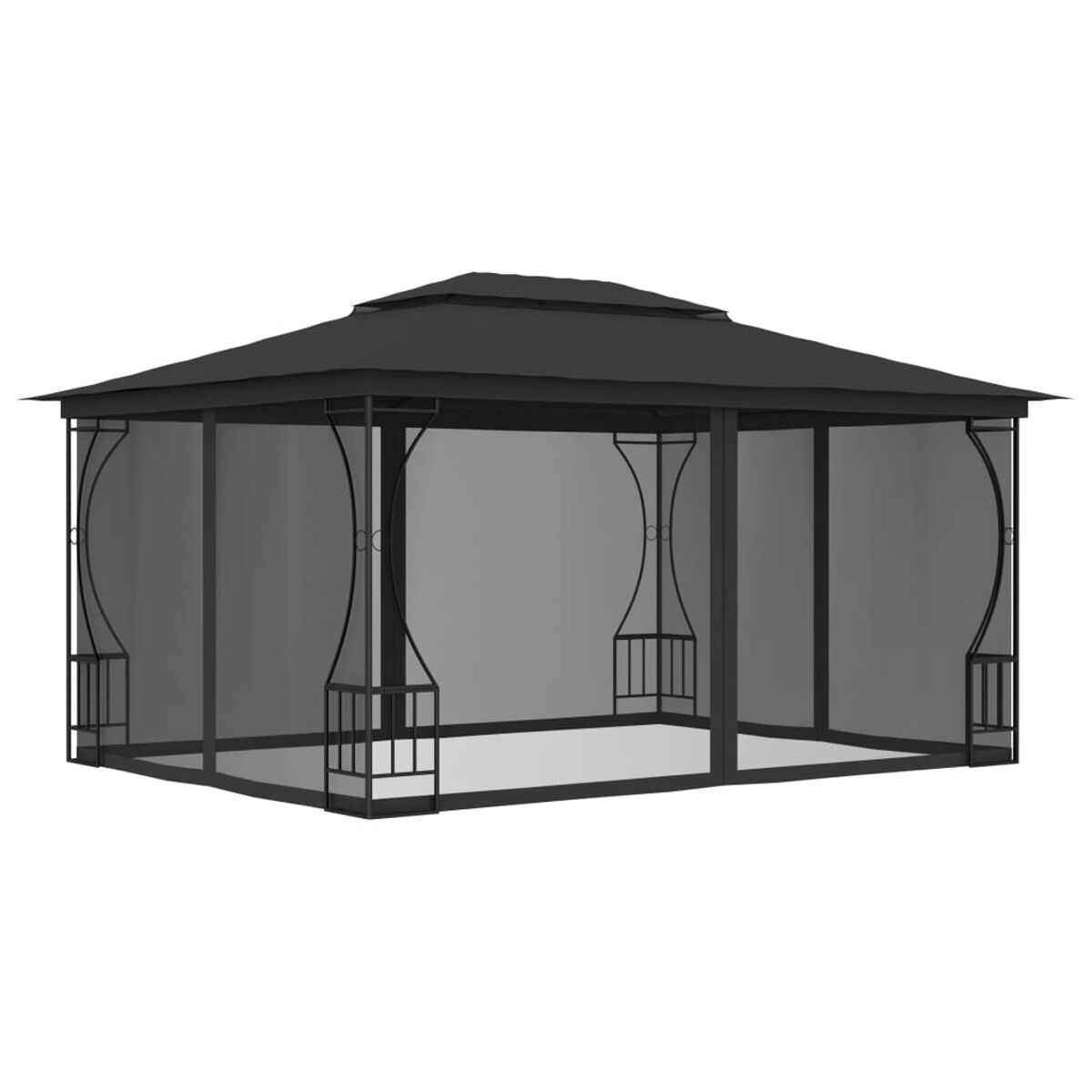 Schwarzer Pavillon mit Netz und schwarzem Dach. Außenstruktur.